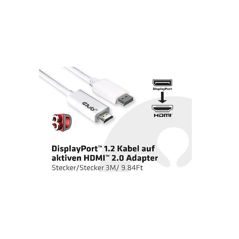 Club 3D DisplayPort Adapterkabel 3m DP zu HDMI 2.0 aktiv UHD 3D weiß CAC-1073, Club, 3D, DisplayPort, Adapterkabel, 3m, DP, HDMI, 2.0, aktiv, UHD, 3D, weiß, CAC-1073