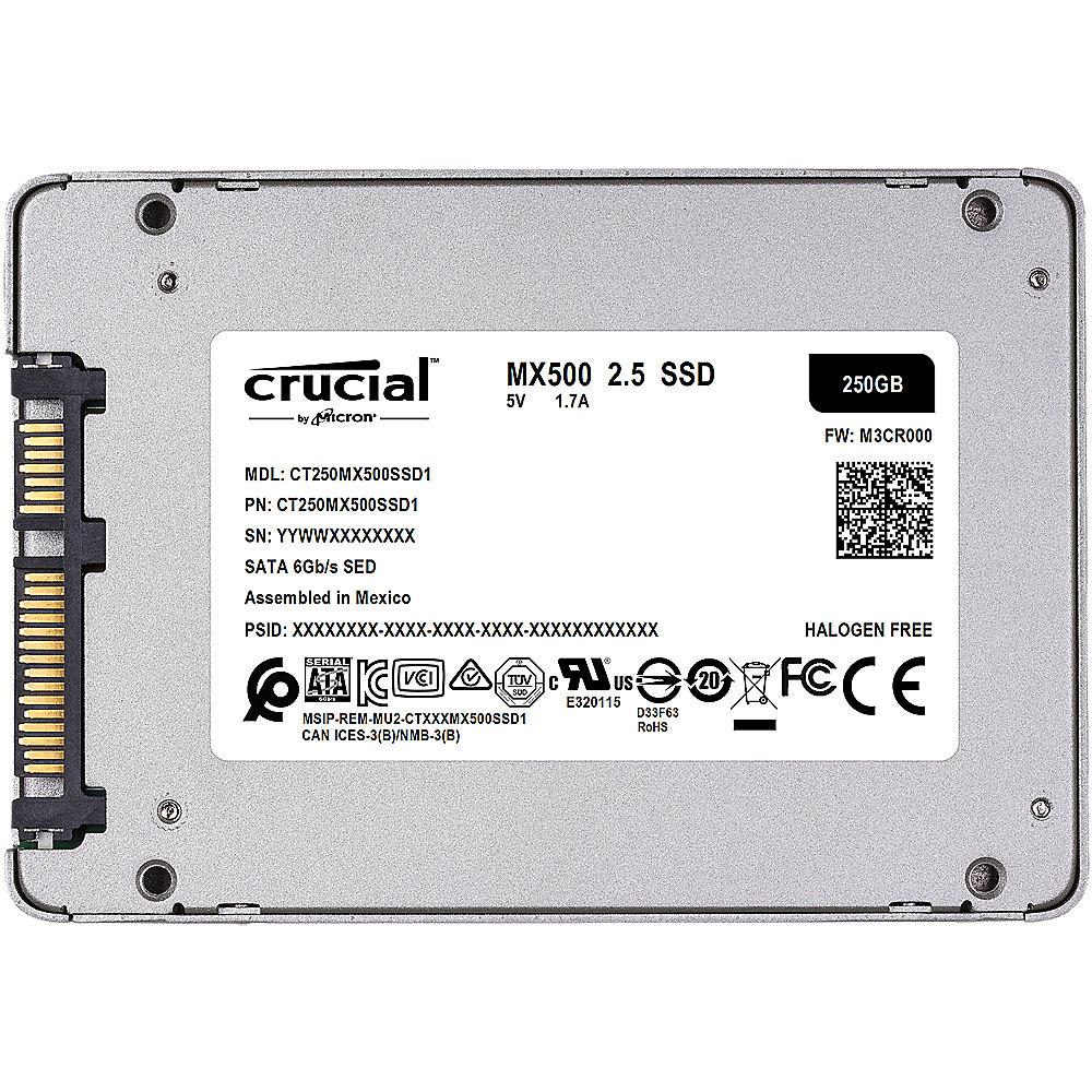 Crucial MX500 SSD 250GB 2.5zoll Micron 3D TLC SATA600 - 7mm, Crucial, MX500, SSD, 250GB, 2.5zoll, Micron, 3D, TLC, SATA600, 7mm