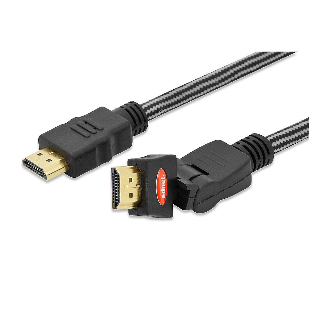 ednet HDMI Anschlusskabel 2m HDMI-A 360° drehbar 4K/3D vergoldet St./St. schwarz