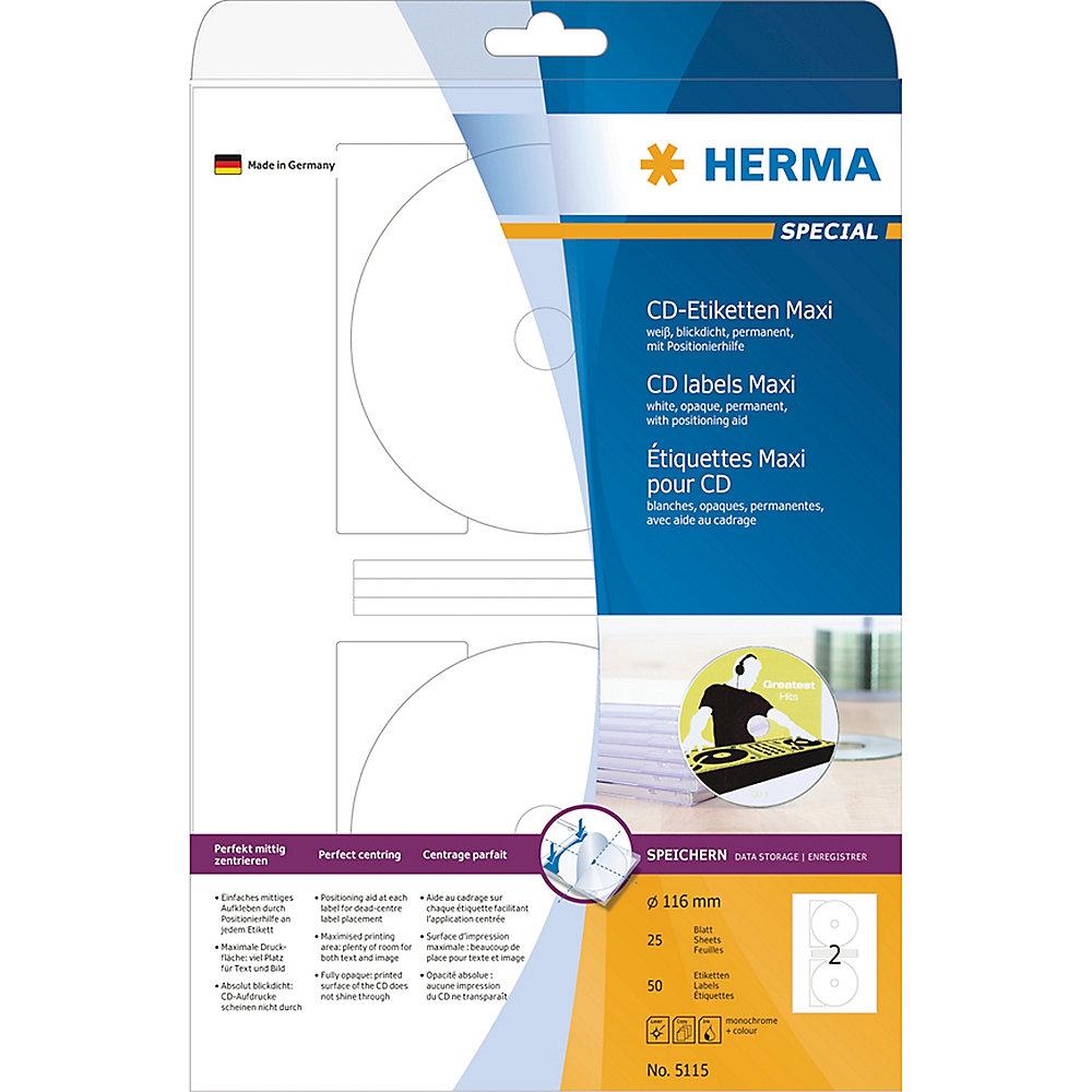 HERMA 5115 CD-Etiketten Maxi A4 weiß Ø 116 mm Papier matt blickdicht 50 St., HERMA, 5115, CD-Etiketten, Maxi, A4, weiß, Ø, 116, mm, Papier, matt, blickdicht, 50, St.