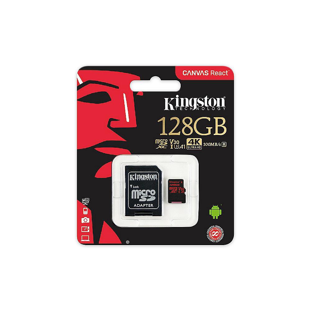 Kingston Canvas React 128 GB microSDXC Speicherkarte Kit (80 MB/s, A1, V30), Kingston, Canvas, React, 128, GB, microSDXC, Speicherkarte, Kit, 80, MB/s, A1, V30,