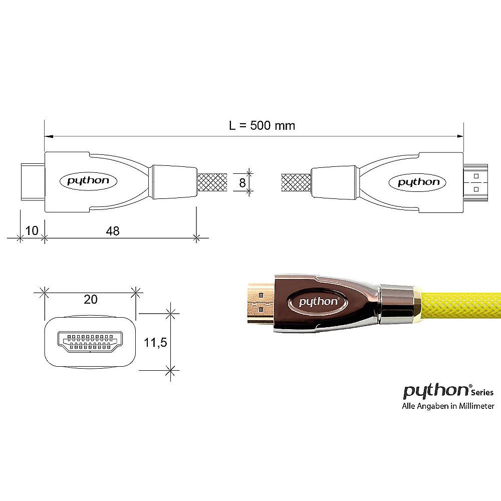 PYTHON HDMI 2.0 Kabel 0,5m Ethernet 4K*2K UHD vergoldet OFC gelb, PYTHON, HDMI, 2.0, Kabel, 0,5m, Ethernet, 4K*2K, UHD, vergoldet, OFC, gelb