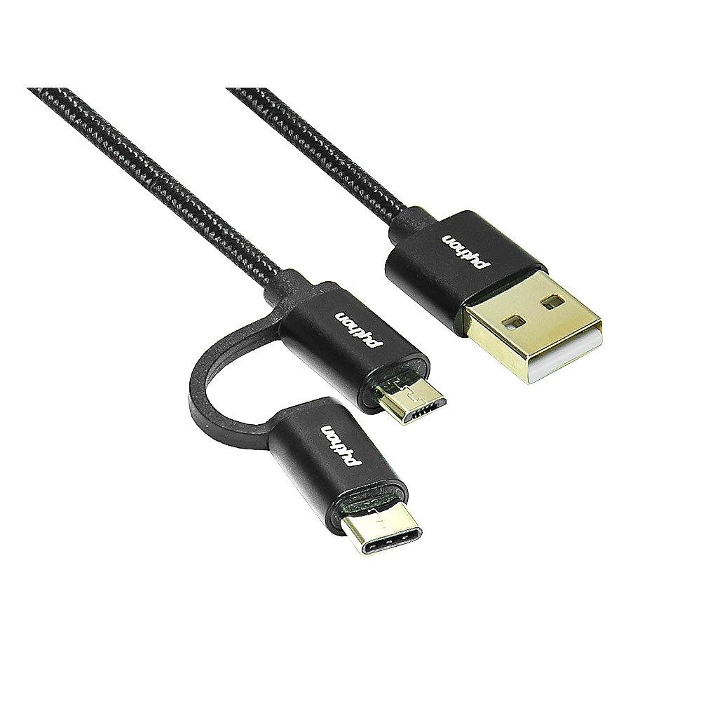PYTHON USB 2.0 Daten-/Ladekabel 0,5m USB-A zu micro-B/USB-C 2in1 schwarz