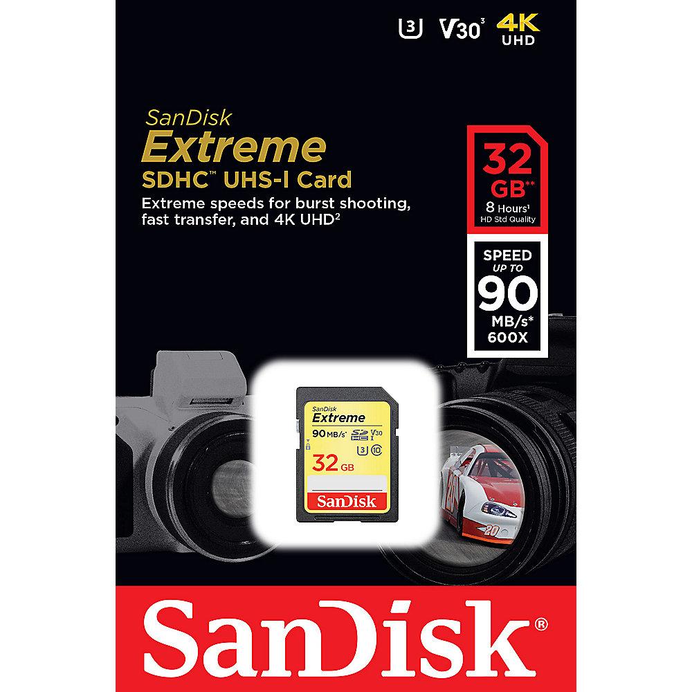 SanDisk Extreme 32 GB SDHC Speicherkarte (90 MB/s, Class 10, U3, V30)