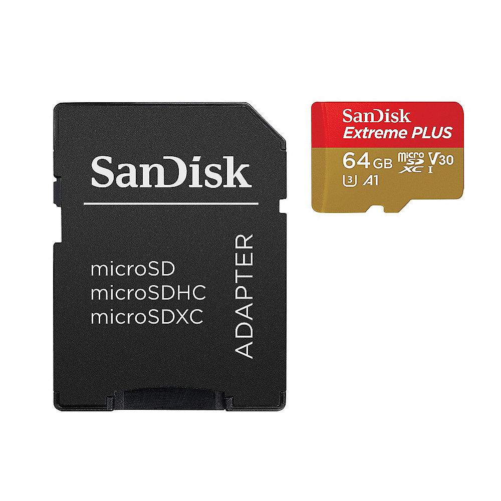 SanDisk Extreme Plus 64GB microSDXC Speicherkarte Kit 90 MB/s, Class 10, U3, A1, SanDisk, Extreme, Plus, 64GB, microSDXC, Speicherkarte, Kit, 90, MB/s, Class, 10, U3, A1