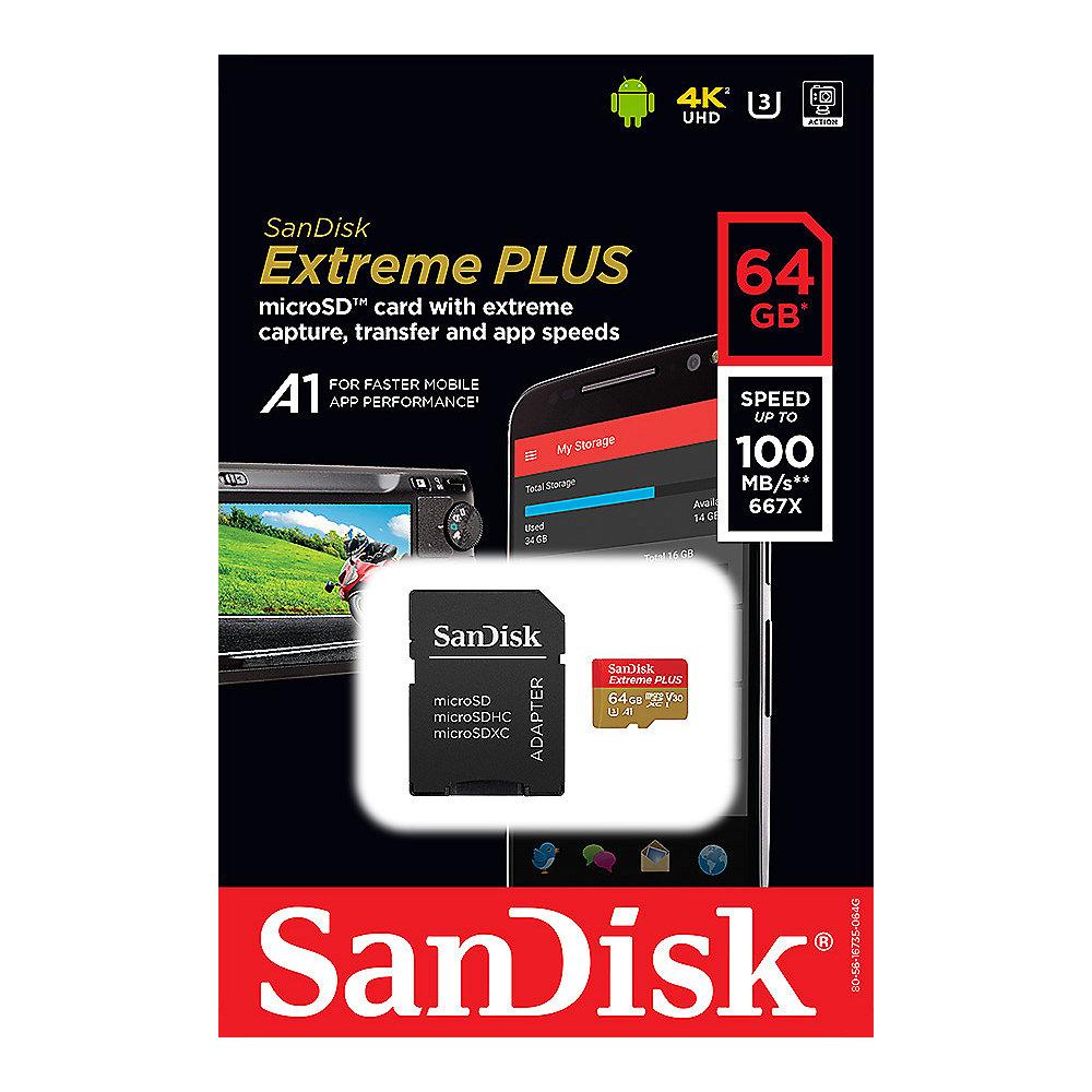 SanDisk Extreme Plus 64GB microSDXC Speicherkarte Kit 90 MB/s, Class 10, U3, A1, SanDisk, Extreme, Plus, 64GB, microSDXC, Speicherkarte, Kit, 90, MB/s, Class, 10, U3, A1