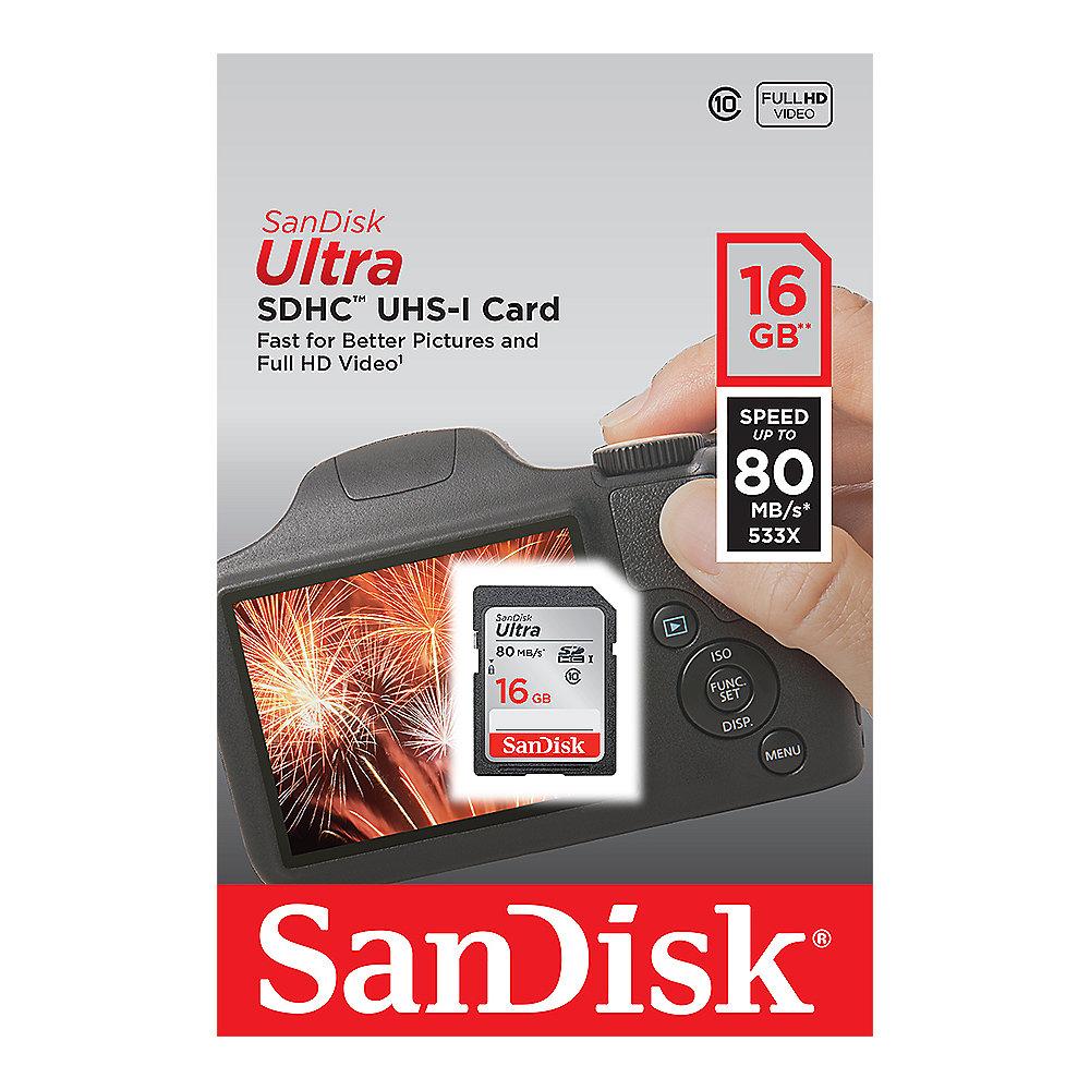 SanDisk Ultra 16 GB SDHC Speicherkarte (80 MB/s, Class 10, UHS-I)