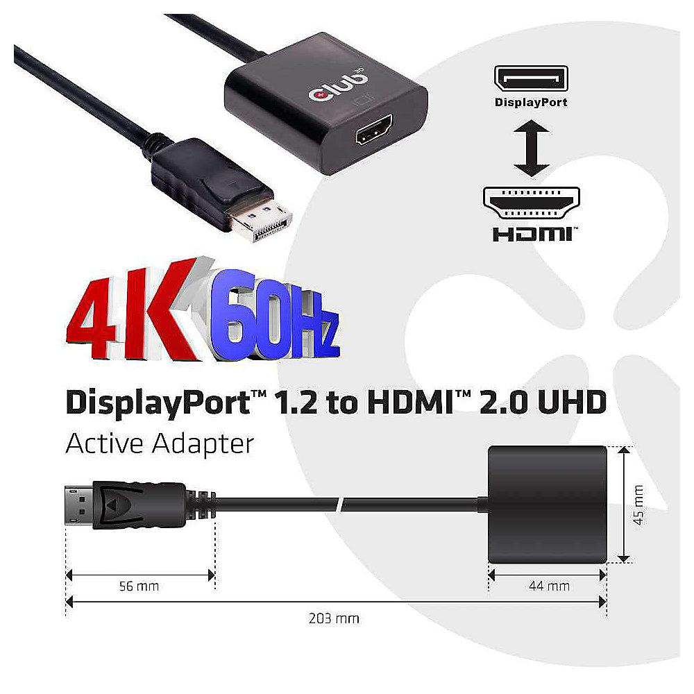 Club 3D DisplayPort 1.2 Adapter DP zu HDMI 2.0 aktiv UHD 4K60Hz schwarz CAC-2070, Club, 3D, DisplayPort, 1.2, Adapter, DP, HDMI, 2.0, aktiv, UHD, 4K60Hz, schwarz, CAC-2070