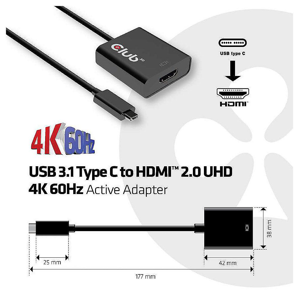 Club 3D USB 3.1 Adapter Typ-C zu HDMI 2.0 UHD 4K 60Hz aktiv schwarz CAC-2504, Club, 3D, USB, 3.1, Adapter, Typ-C, HDMI, 2.0, UHD, 4K, 60Hz, aktiv, schwarz, CAC-2504