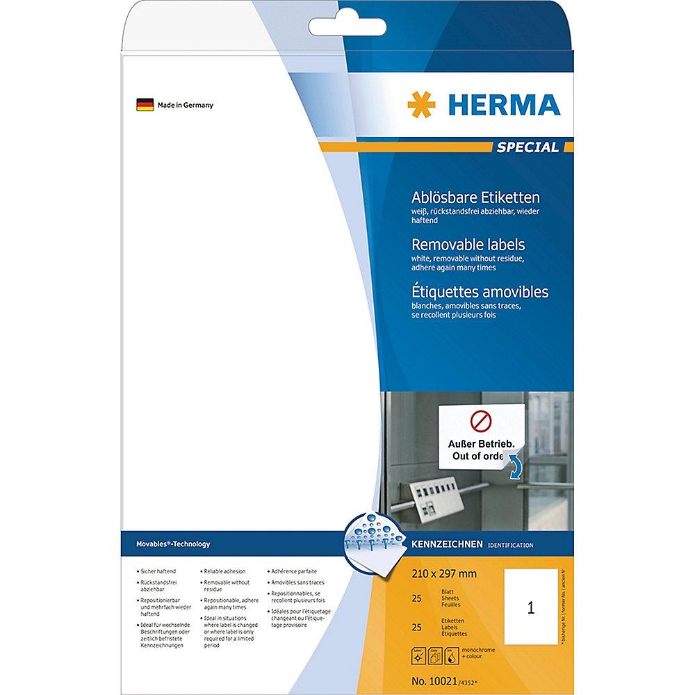 HERMA 10021 Etiketten A4 weiß 210x297 mm Movables/ablösbar Papier matt 25 St., HERMA, 10021, Etiketten, A4, weiß, 210x297, mm, Movables/ablösbar, Papier, matt, 25, St.