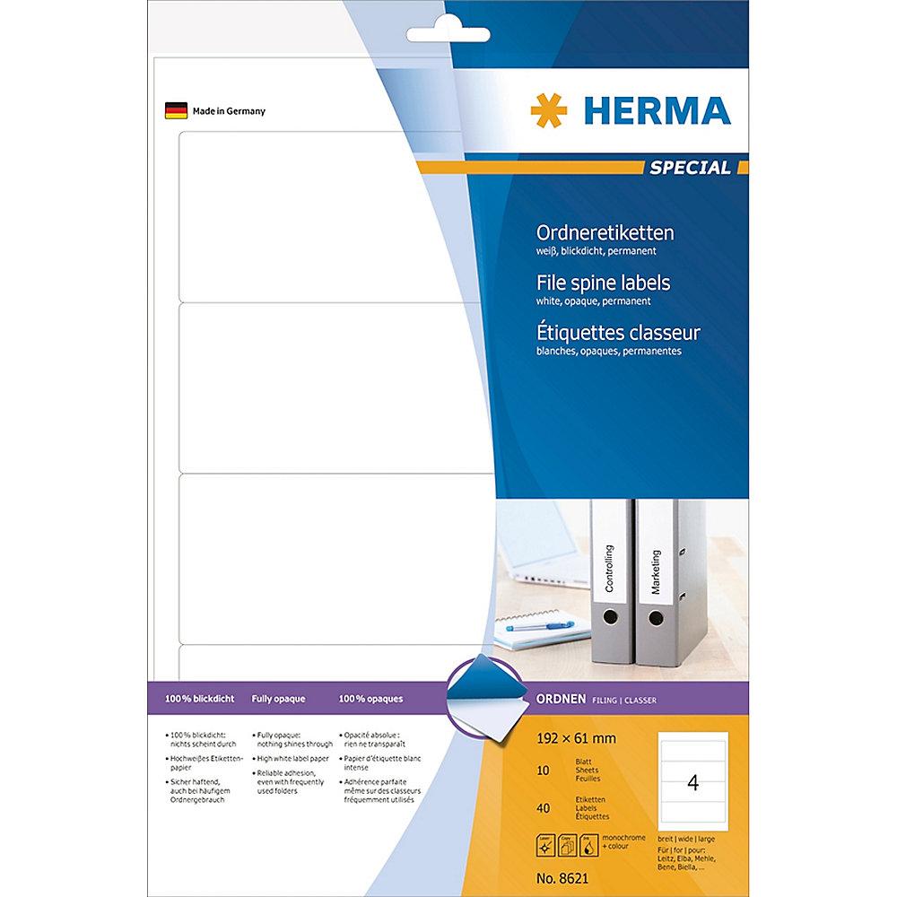 HERMA 8621 Ordneretiketten A4 weiß 192x61 mm Papier matt blickdicht 40 St., HERMA, 8621, Ordneretiketten, A4, weiß, 192x61, mm, Papier, matt, blickdicht, 40, St.