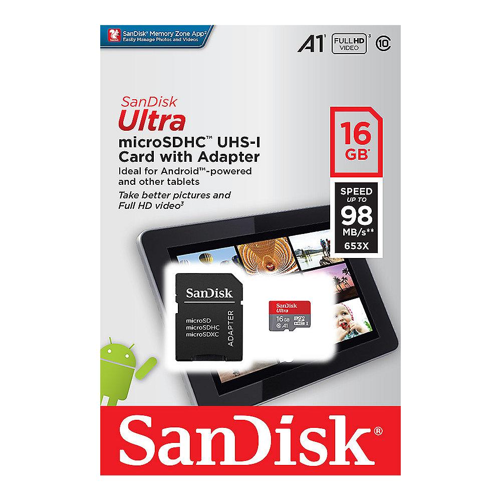 SanDisk Ultra 16 GB microSDHC Speicherkarte Kit (98 MB/s, Class 10, A1)