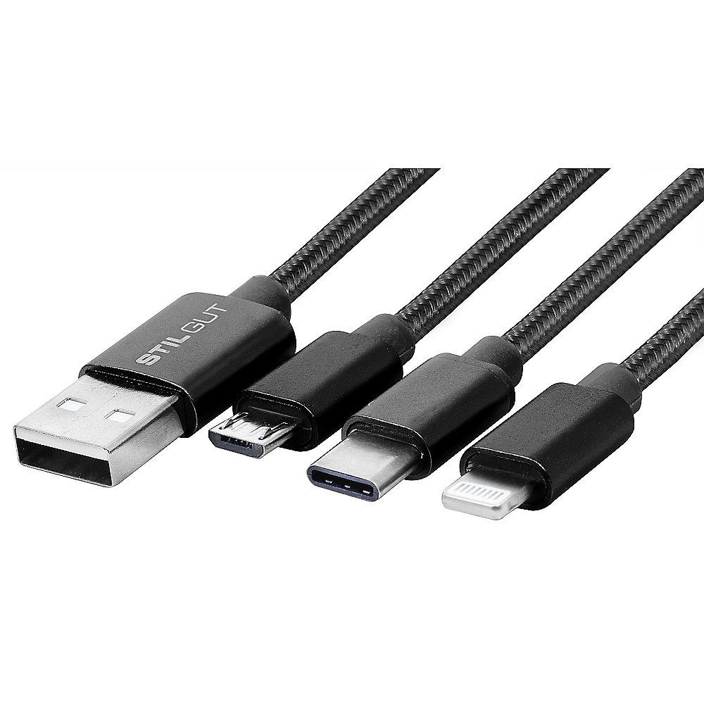 StilGut Ladekabel Magic Trio (USB-C, Lightning, Micro-USB), schwarz, StilGut, Ladekabel, Magic, Trio, USB-C, Lightning, Micro-USB, schwarz