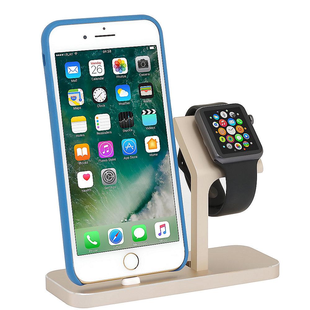 StilGut TwinDock für iPhone und Watch gold, StilGut, TwinDock, iPhone, Watch, gold