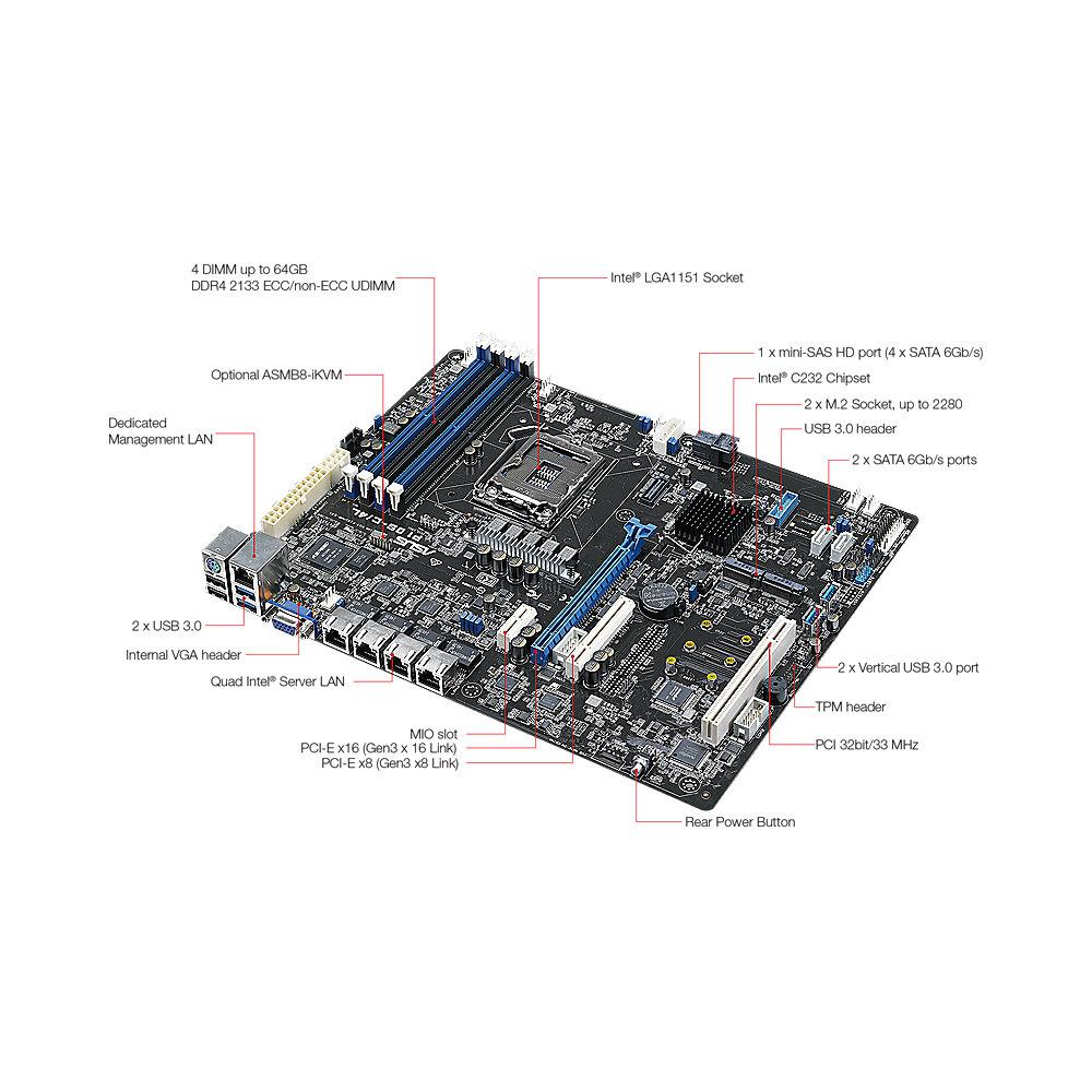 ASUS P10S-C/4L 4x GL/USB3.0/SATA600/VGA ATX Mainboard C232 Sockel 1151, ASUS, P10S-C/4L, 4x, GL/USB3.0/SATA600/VGA, ATX, Mainboard, C232, Sockel, 1151