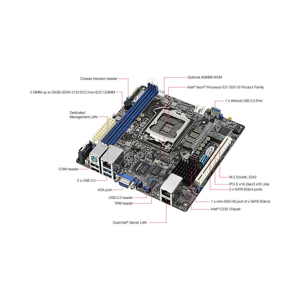 ASUS P10S-I 2x GL/USB3.1/M.2/SATA600/VGA Mini-ITX Mainboard C232 Sockel 1151, ASUS, P10S-I, 2x, GL/USB3.1/M.2/SATA600/VGA, Mini-ITX, Mainboard, C232, Sockel, 1151