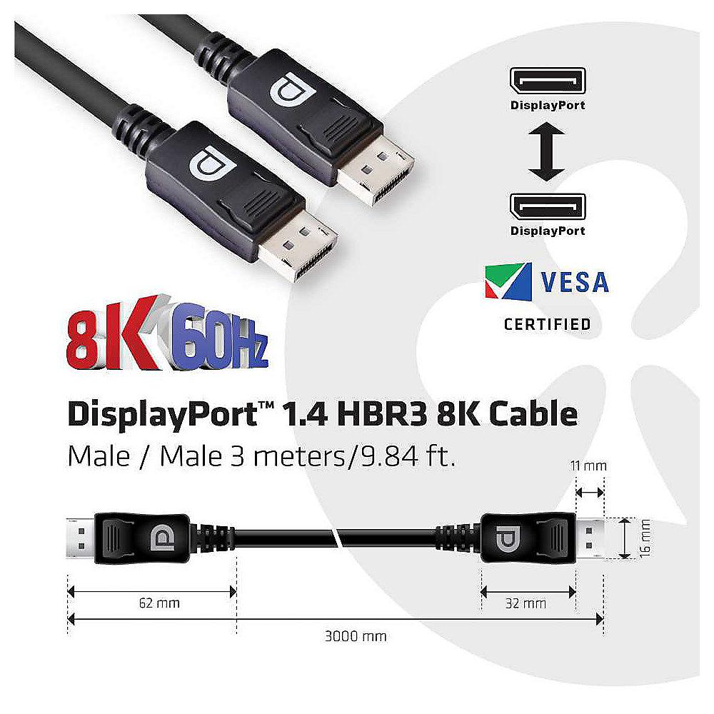 Club 3D DisplayPort 1.4 Kabel 3m DP zu DP HBR3 8K60Hz Vesa St./St. schwarz