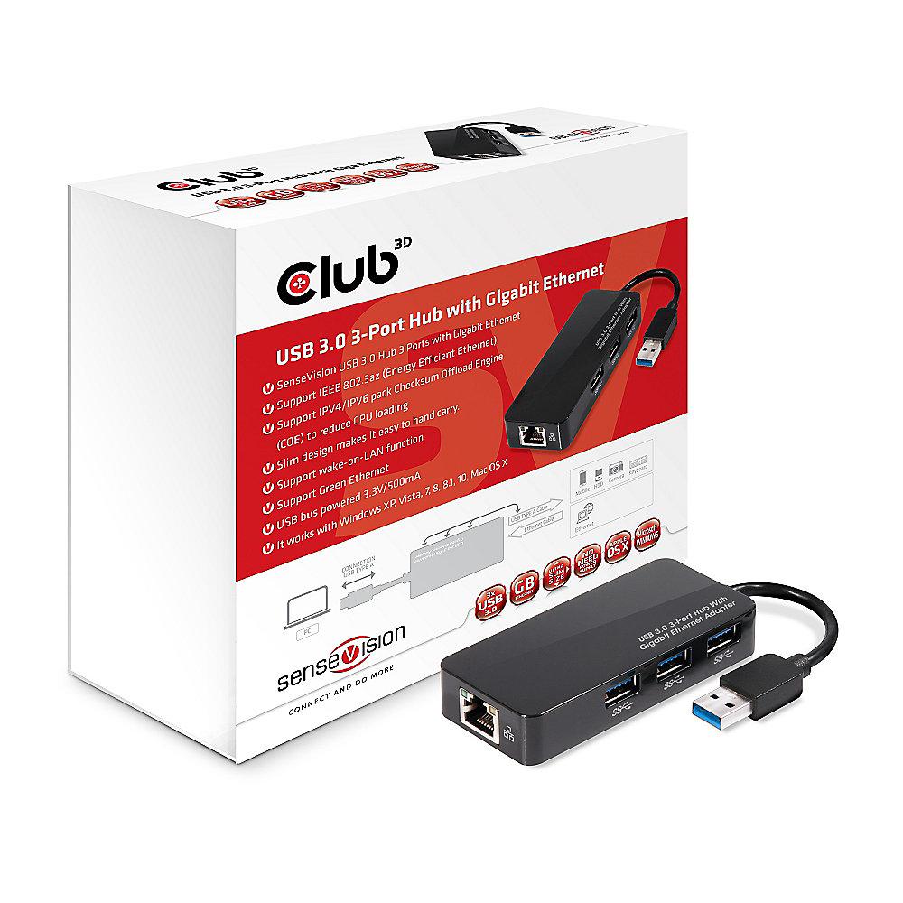 Club 3D SenseVision USB 3.0 Hub 3-Port mit Gigabit Ethernet schwarz