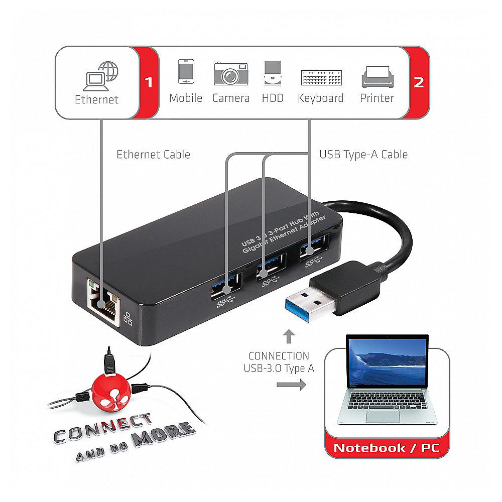 Club 3D SenseVision USB 3.0 Hub 3-Port mit Gigabit Ethernet schwarz, Club, 3D, SenseVision, USB, 3.0, Hub, 3-Port, Gigabit, Ethernet, schwarz