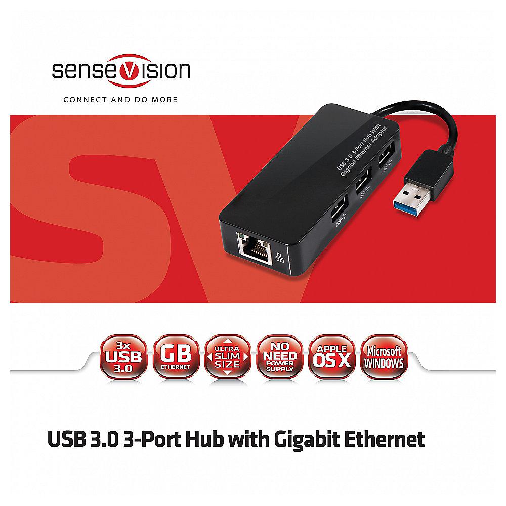 Club 3D SenseVision USB 3.0 Hub 3-Port mit Gigabit Ethernet schwarz, Club, 3D, SenseVision, USB, 3.0, Hub, 3-Port, Gigabit, Ethernet, schwarz