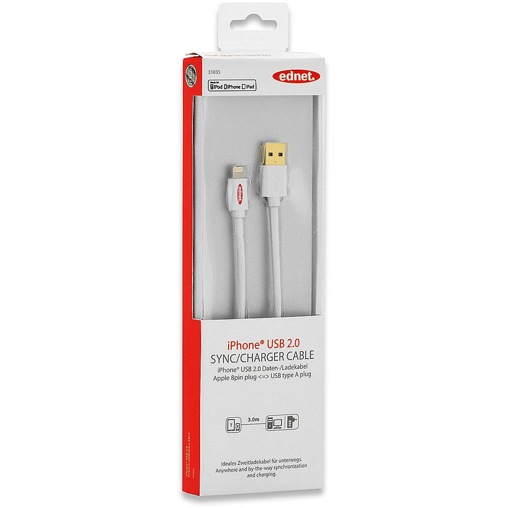 ednet iPhone Lade- & Datenkabel 3m USB2.0 A zu Lightning iP5/6/7 St./St. weiß