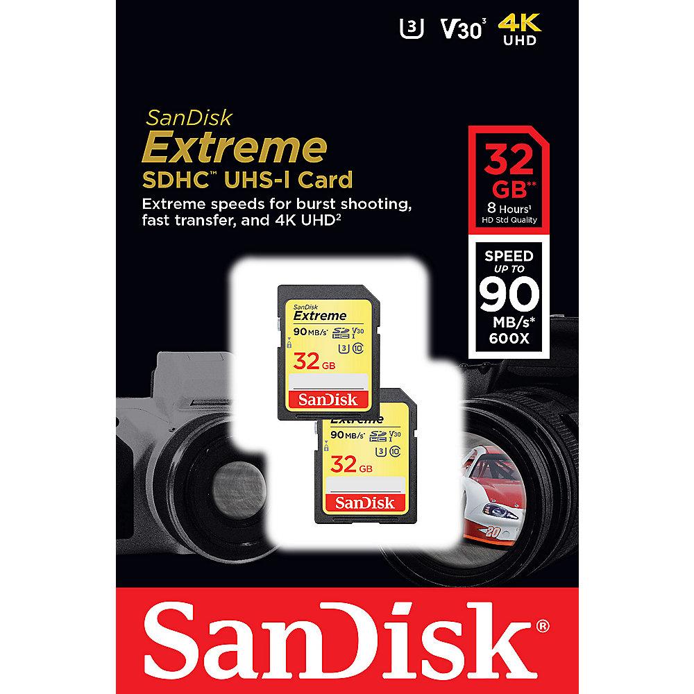 SanDisk Extreme 32 GB SDHC Speicherkarte (90 MB/s, Class 10, U3, V30) 2er Pack