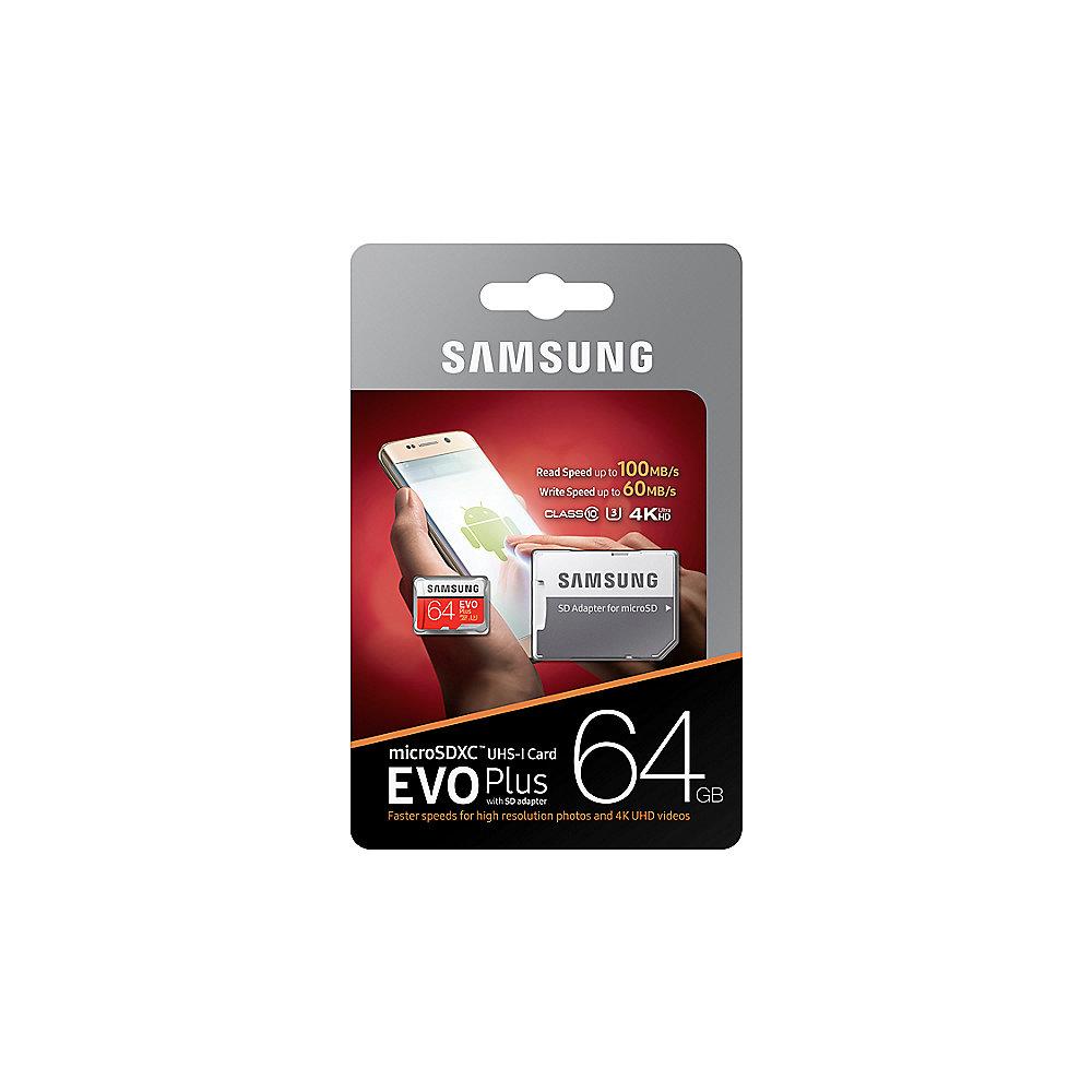 Samsung Evo Plus 64 GB microSDXC Speicherkarte (100 MB/s, Class 10, UHS-I, U3)