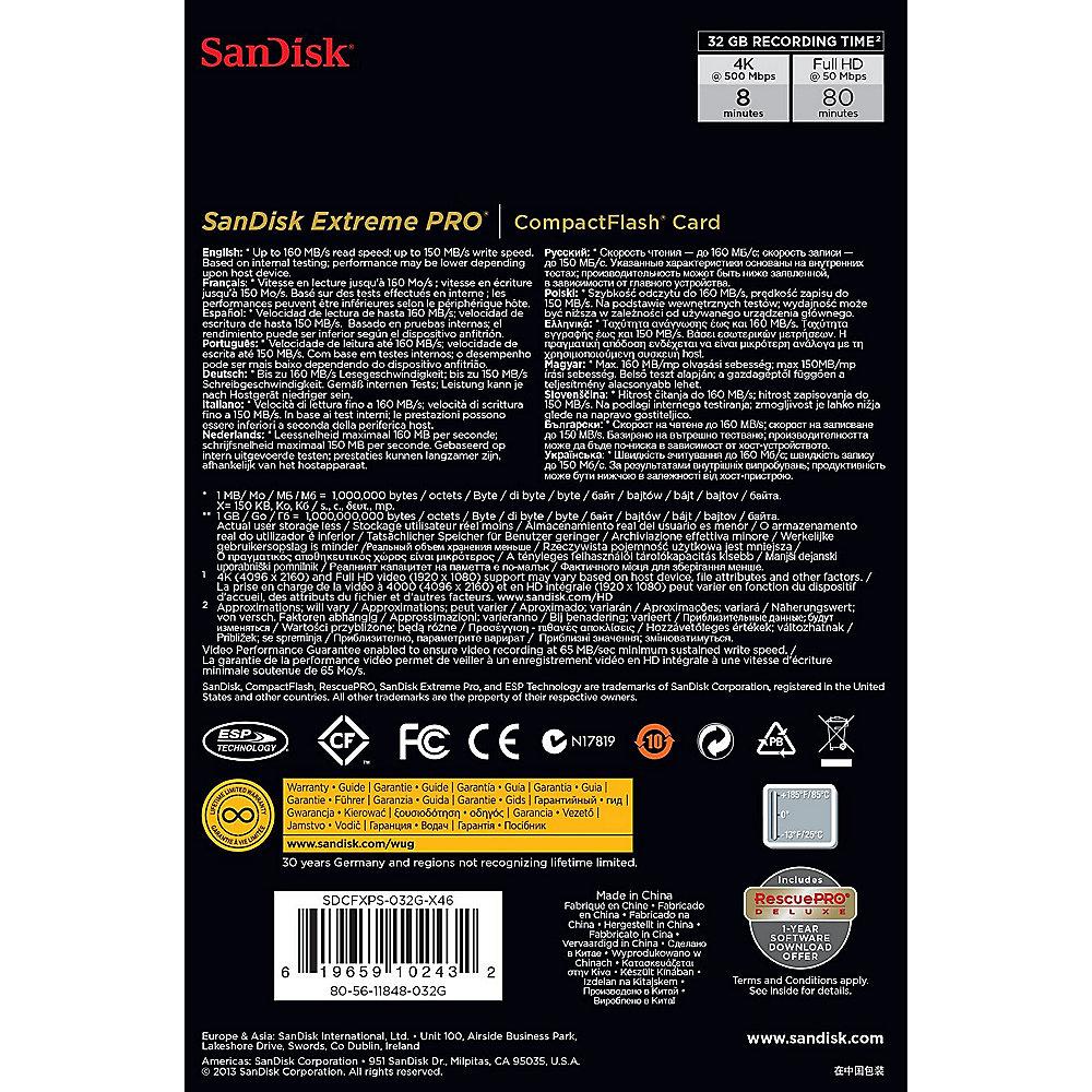 SanDisk Extreme Pro 32 GB CompactFlash Speicherkarte (160 MB/s), SanDisk, Extreme, Pro, 32, GB, CompactFlash, Speicherkarte, 160, MB/s,