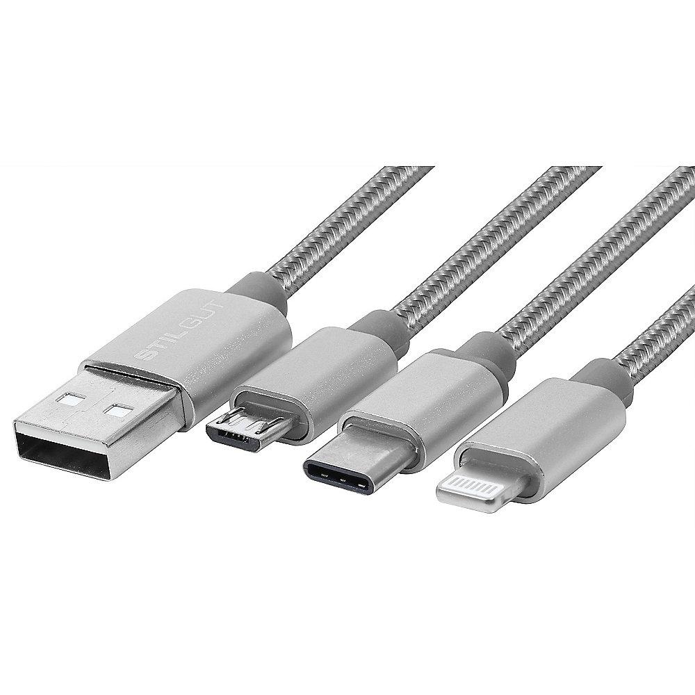 StilGut Ladekabel Magic Trio (USB-C, Lightning, Micro-USB), silber, StilGut, Ladekabel, Magic, Trio, USB-C, Lightning, Micro-USB, silber