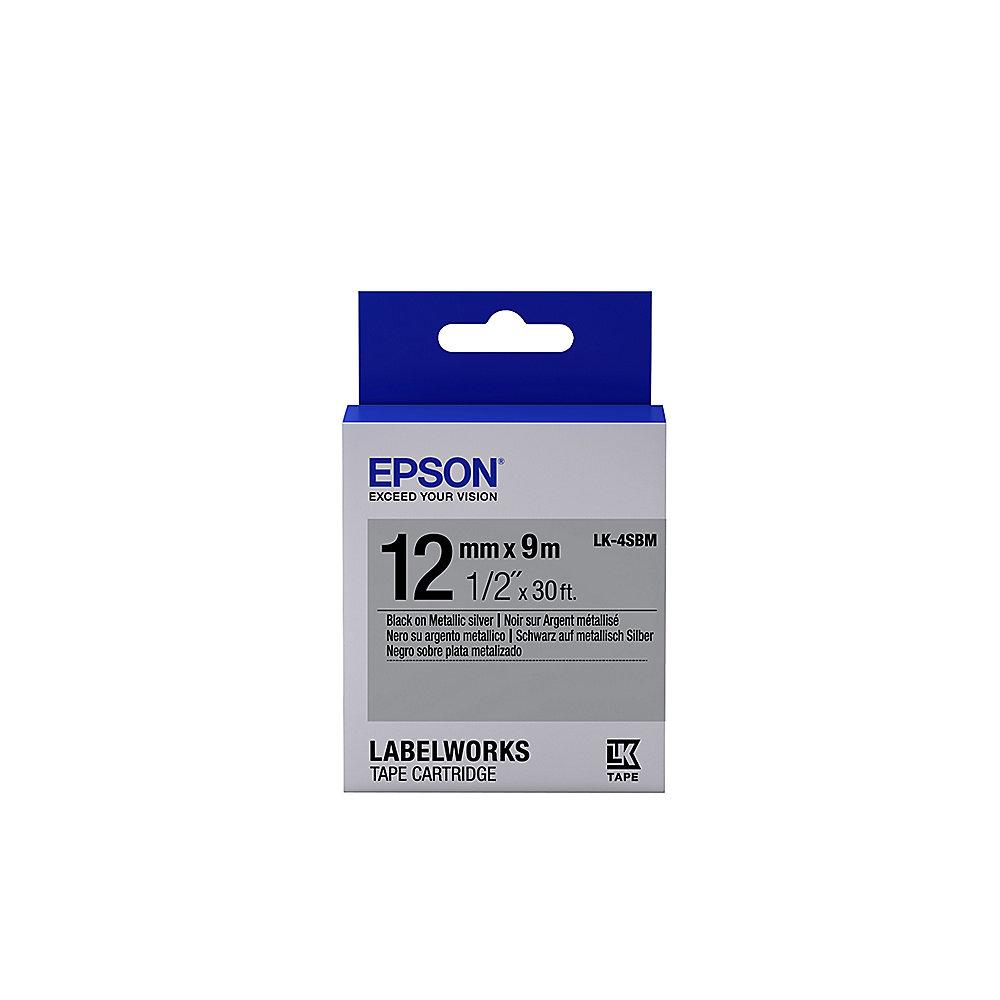 Epson C53S654019 Schriftband LK-4SBM klebend 12mmx9m schwarz/silber glänzend, Epson, C53S654019, Schriftband, LK-4SBM, klebend, 12mmx9m, schwarz/silber, glänzend