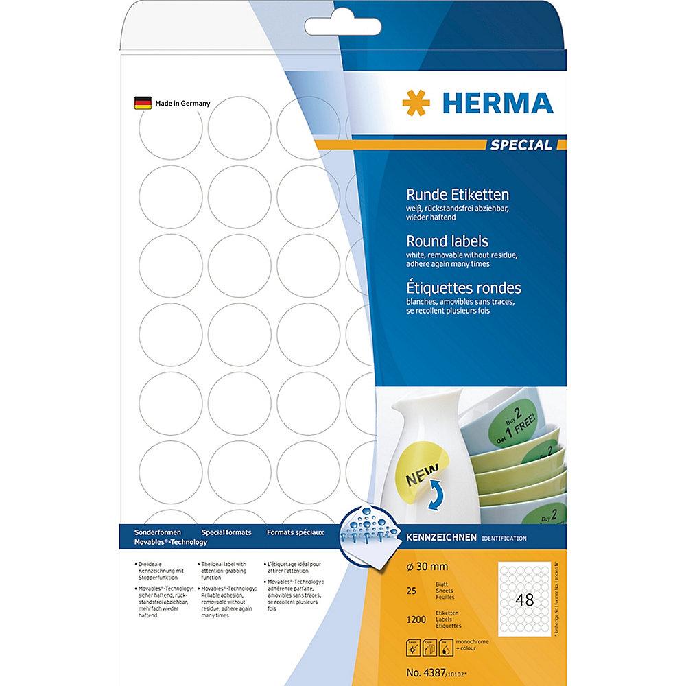 HERMA 4387 Etiketten A4 weiß Ø 30 mm rund Movables/ablösbar matt 1200 St.