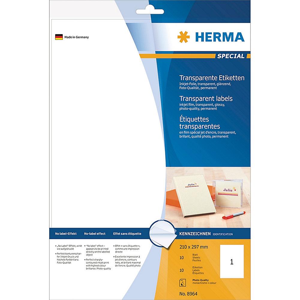 HERMA 8964 Inkjet Folien-Etiketten A4 transparent 210x297 mm Folie glänzend 10 S, HERMA, 8964, Inkjet, Folien-Etiketten, A4, transparent, 210x297, mm, Folie, glänzend, 10, S