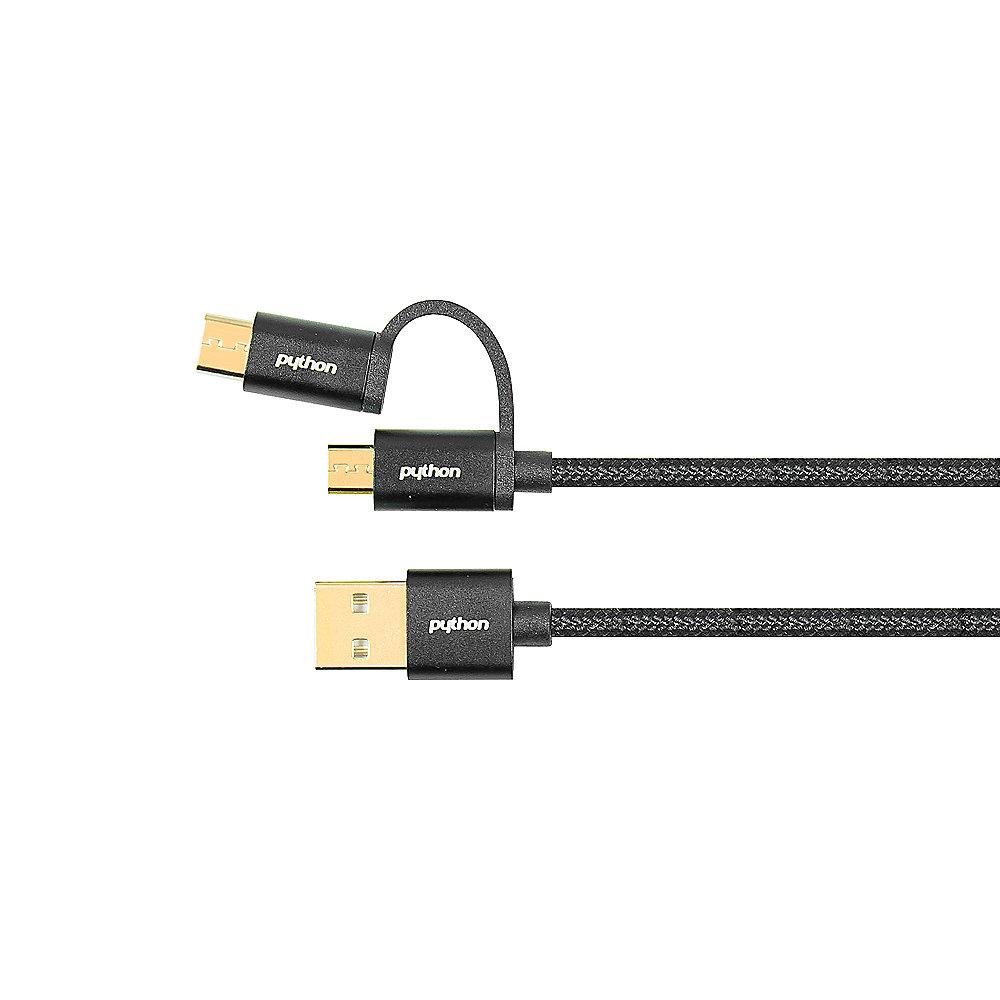 PYTHON USB 2.0 Daten-/Ladekabel 0,5m USB-A zu micro-B/USB-C 2in1 schwarz, PYTHON, USB, 2.0, Daten-/Ladekabel, 0,5m, USB-A, micro-B/USB-C, 2in1, schwarz