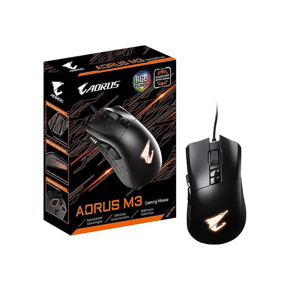 Gigabyte Aorus M3 Gaming Maus mit 6400 DPI-Gamingsensor schwarz, Gigabyte, Aorus, M3, Gaming, Maus, 6400, DPI-Gamingsensor, schwarz