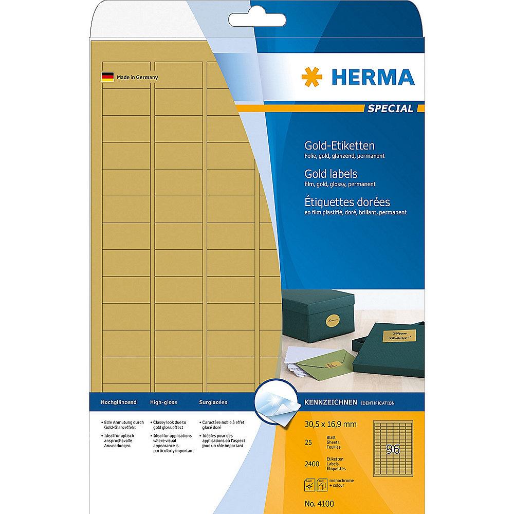HERMA 4100 selbstklebende glänzende Etiketten Polyester 30,5x16,9 mm Gold 2400St, HERMA, 4100, selbstklebende, glänzende, Etiketten, Polyester, 30,5x16,9, mm, Gold, 2400St