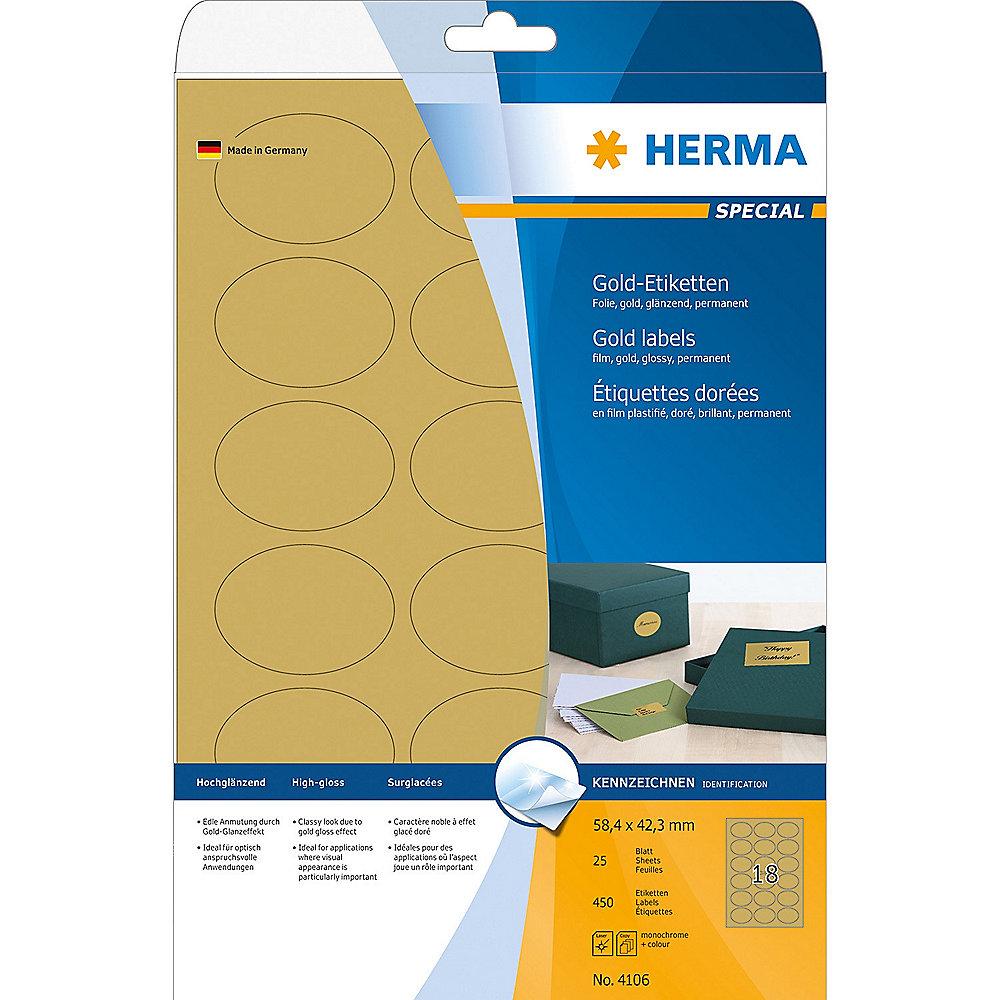 HERMA 4106 selbstklebende Etiketten Polyester oval 58,4x42,3mm Gold 450St