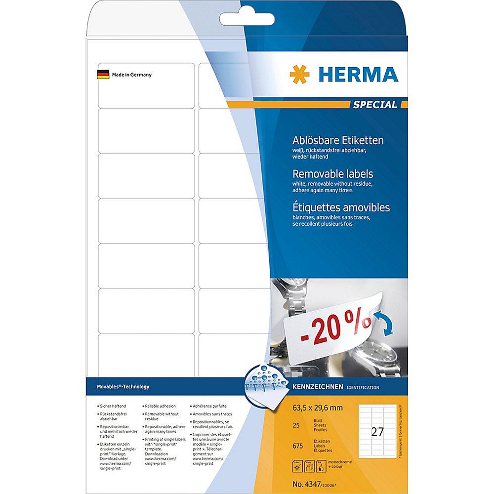 HERMA 4347 Etiketten A4 weiß 63,5x29,6 mm Movables/ablösbar matt 675 St., HERMA, 4347, Etiketten, A4, weiß, 63,5x29,6, mm, Movables/ablösbar, matt, 675, St.