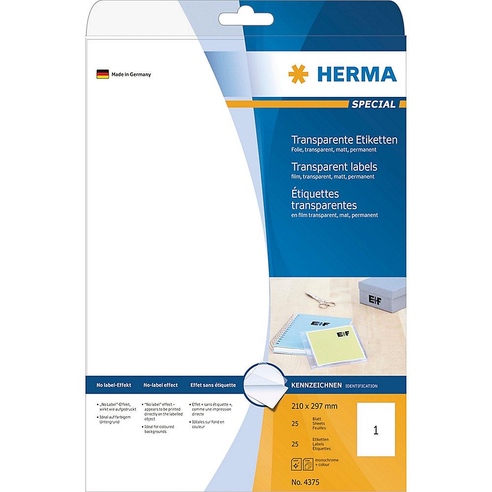 HERMA 4375 Etiketten transparent matt A4 210x297 mm Folie 25 St., HERMA, 4375, Etiketten, transparent, matt, A4, 210x297, mm, Folie, 25, St.