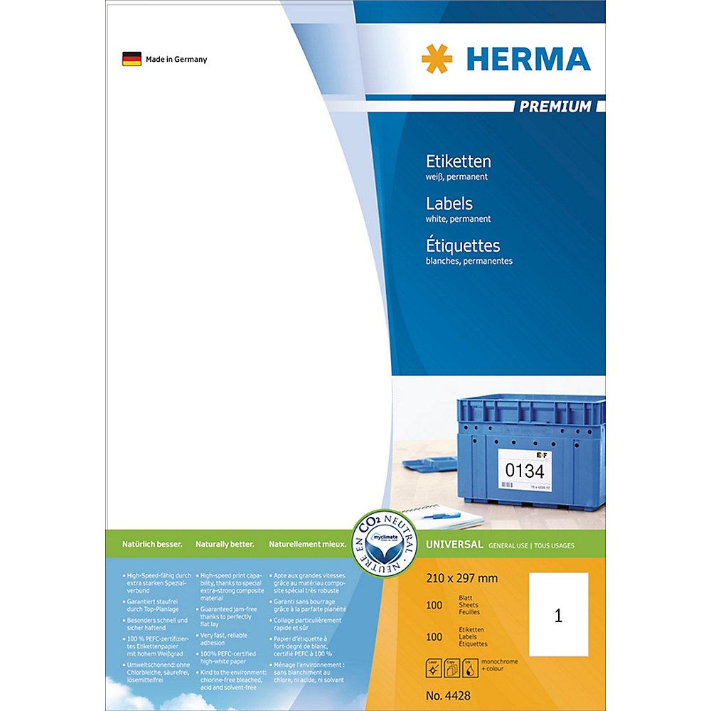 HERMA 4428 Etiketten Premium A4, weiß 210x297 mm Papier matt 100 St., HERMA, 4428, Etiketten, Premium, A4, weiß, 210x297, mm, Papier, matt, 100, St.
