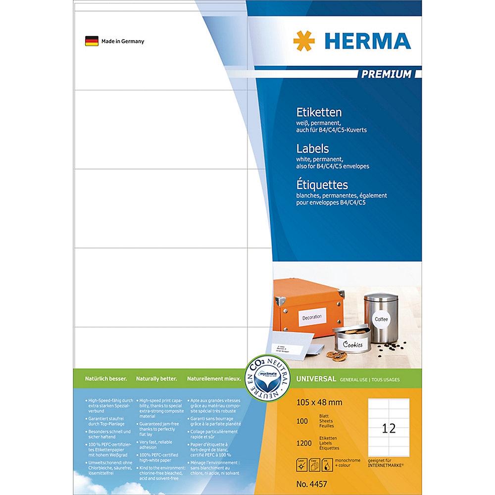 HERMA 4457 Etiketten Premium A4, weiß 105x48 mm Papier matt 1200 St., HERMA, 4457, Etiketten, Premium, A4, weiß, 105x48, mm, Papier, matt, 1200, St.