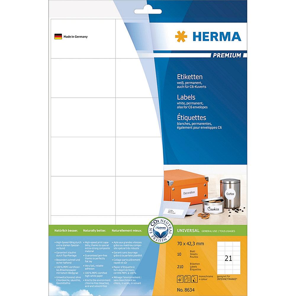 HERMA 8634 Etiketten Premium A4, weiß 70x42,3 mm Papier matt 210 St., HERMA, 8634, Etiketten, Premium, A4, weiß, 70x42,3, mm, Papier, matt, 210, St.