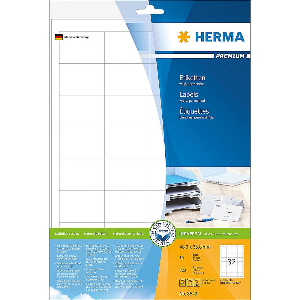HERMA 8643 Etiketten Premium A4 48,3x33,8 mm weiß Papier matt 320 St., HERMA, 8643, Etiketten, Premium, A4, 48,3x33,8, mm, weiß, Papier, matt, 320, St.
