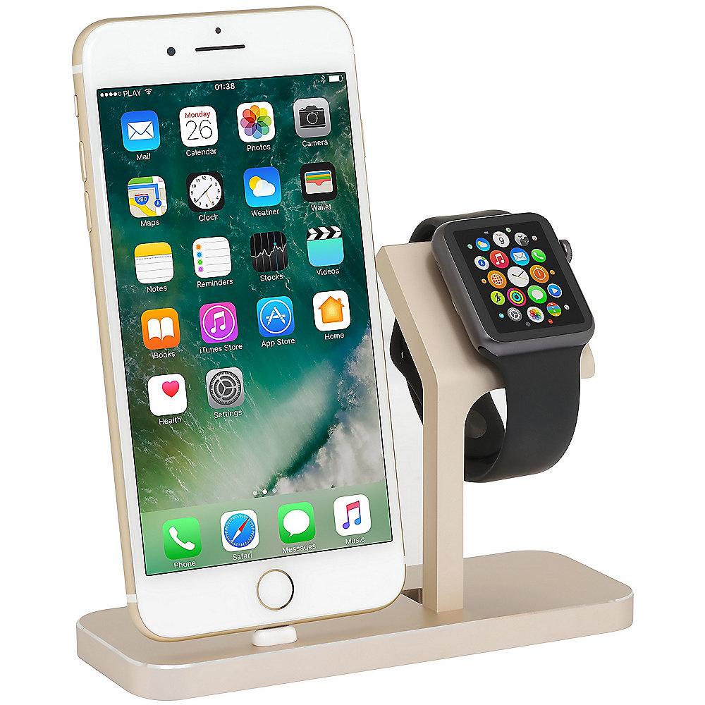 StilGut TwinDock für iPhone und Watch gold, StilGut, TwinDock, iPhone, Watch, gold