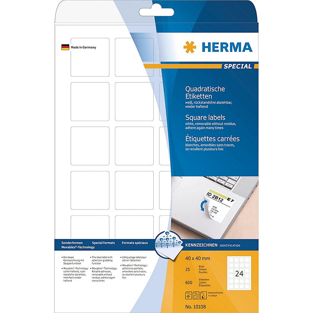 HERMA 10108 Etiketten A4 weiß 40x40 mm quadratisch Movables/ablösbar matt 600 St