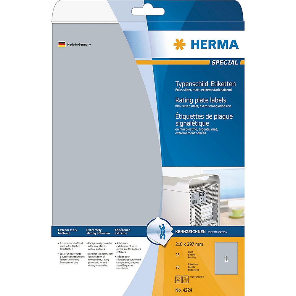 HERMA 4224 Typenschildetiketten A4 silber 210x297 mm haftende Folie 25 St.