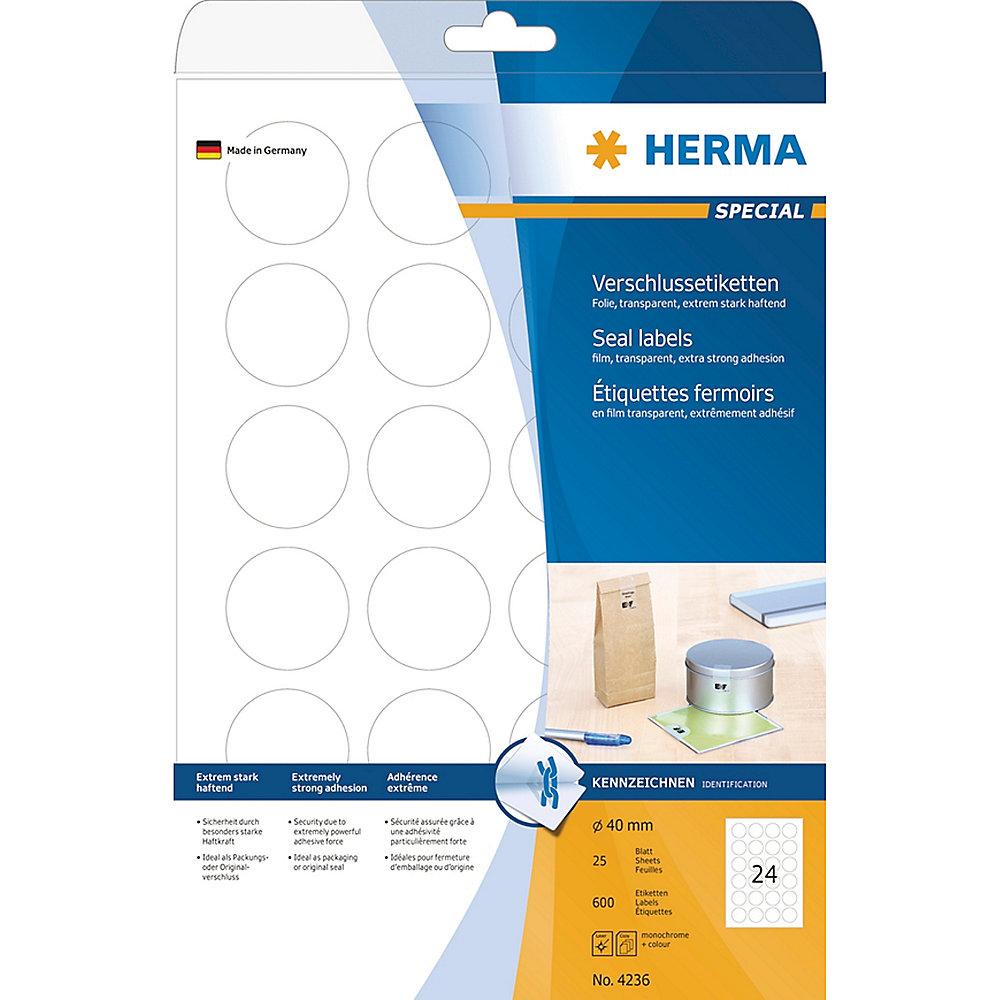 HERMA 4236 Verschlussetiketten transparent Ø 40 mm rund haftende Folie 600 St.