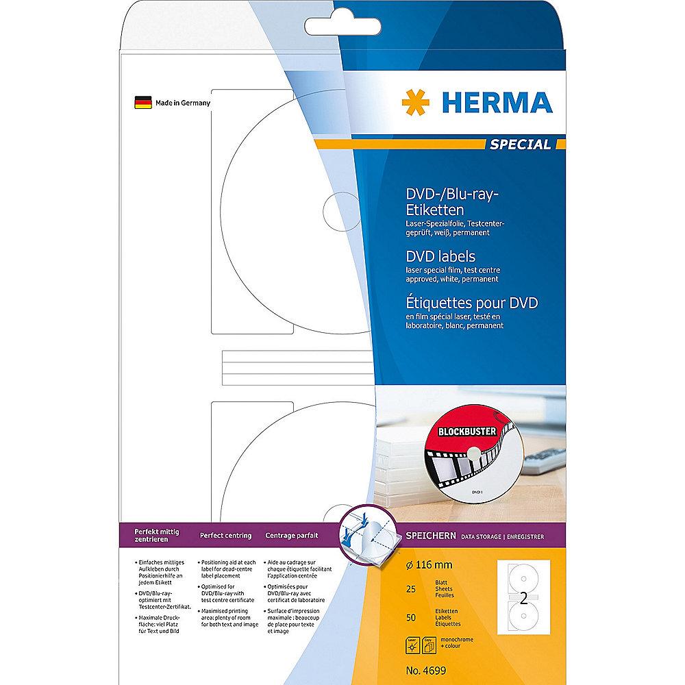 HERMA 4699 DVD-/Blu-ray-Etiketten Maxi A4 Ø 116 mm weiß Folie matt 50 St.