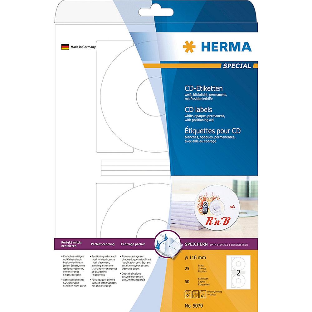 HERMA 5079 CD-Etiketten A4 weiß Ø 116 mm Papier matt blickdicht 50 St.