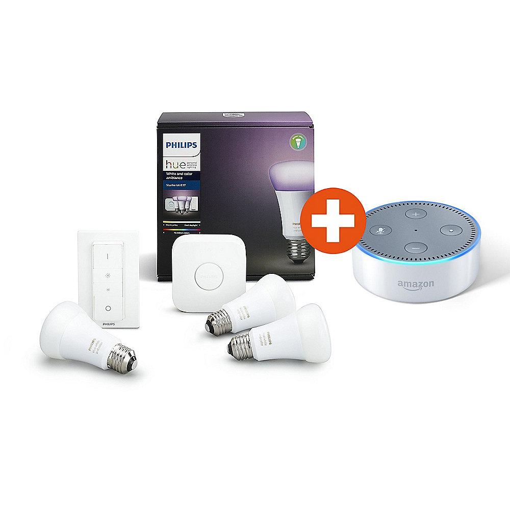 Philips Hue White and Color Ambiance E27 Starter Set   Amazon Echo Dot weiß