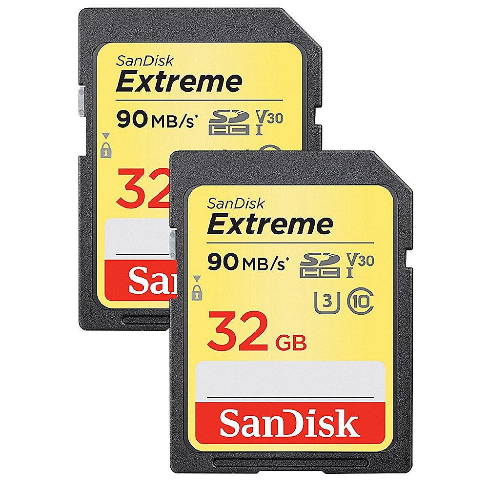 SanDisk Extreme 32 GB SDHC Speicherkarte (90 MB/s, Class 10, U3, V30) 2er Pack